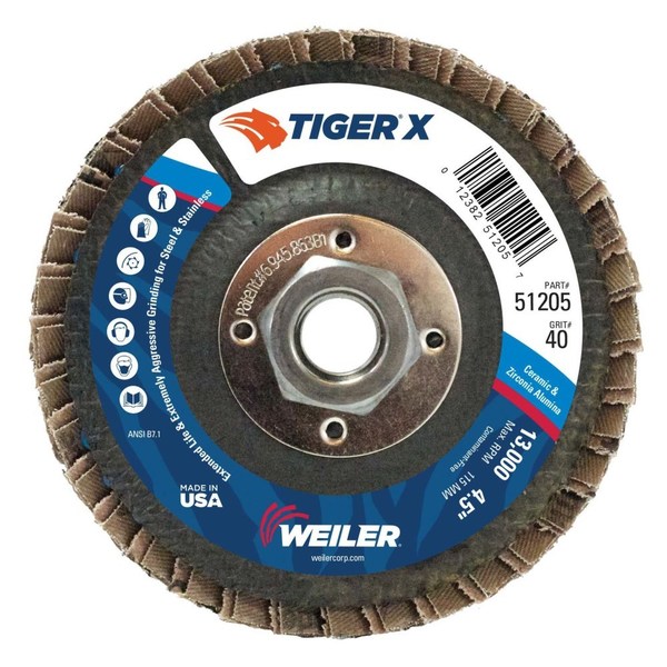 Weiler 4-1/2" Tiger X Flap Disc, Conical (TY29), 40Z, 5/8"-11 UNC 51205